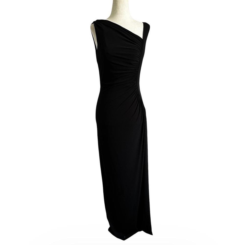 Calvin Klein Womens Size 4 Black Ruched Dress Maxi Evening Long Side Slit | 30-9